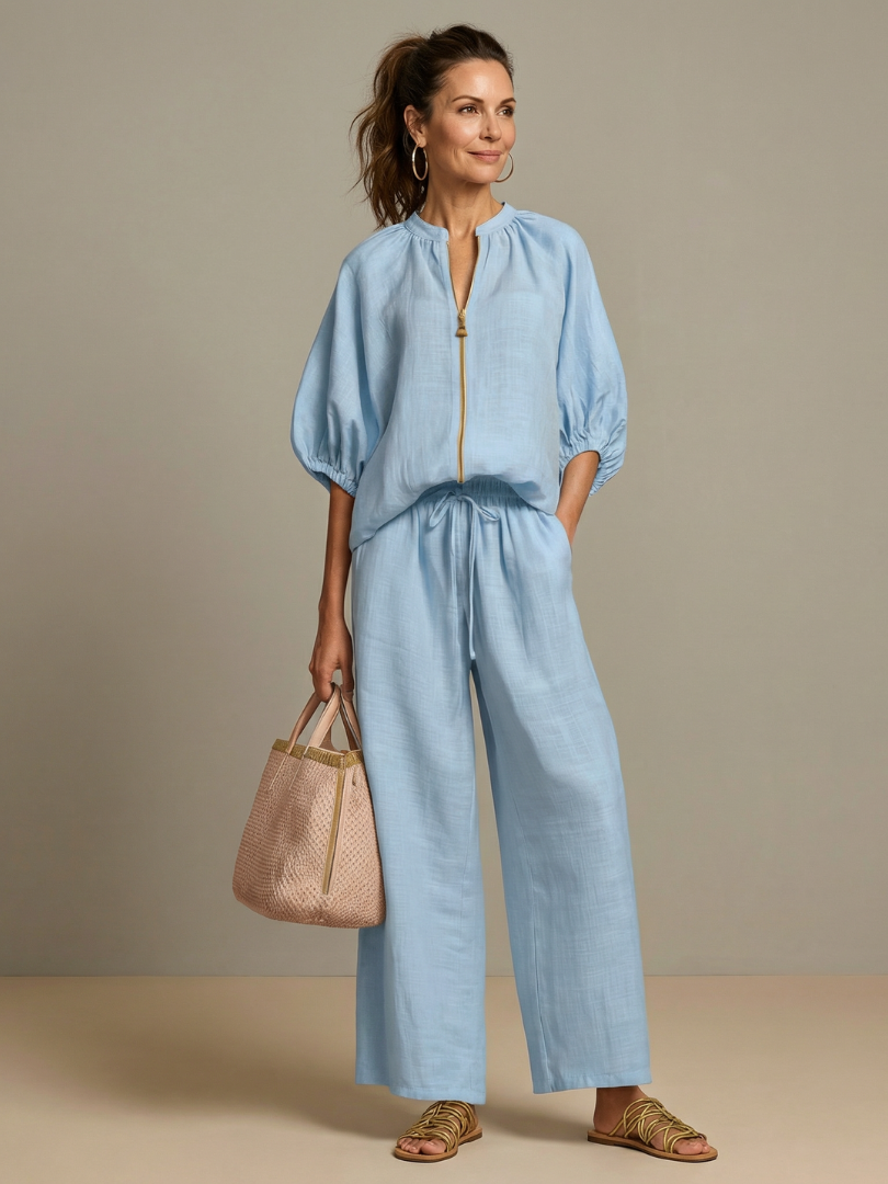 Sharina | Conjunto Blusa Cremallera Pantalón Ancho