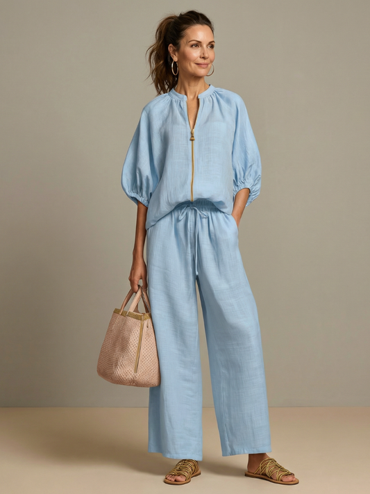 Sharina | Conjunto Blusa Cremallera Pantalón Ancho