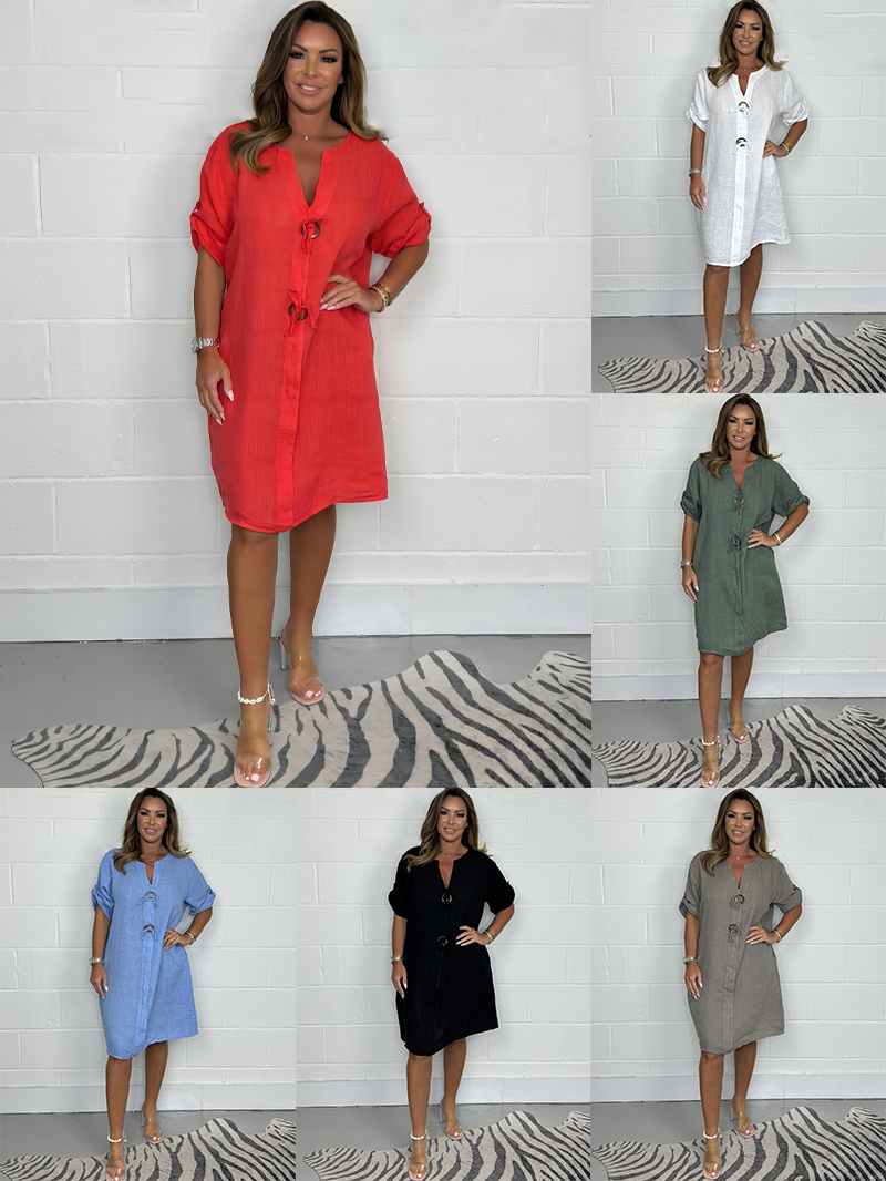 Noeilla | Vestido Camisero Suelto Manga Corta Cuello en V