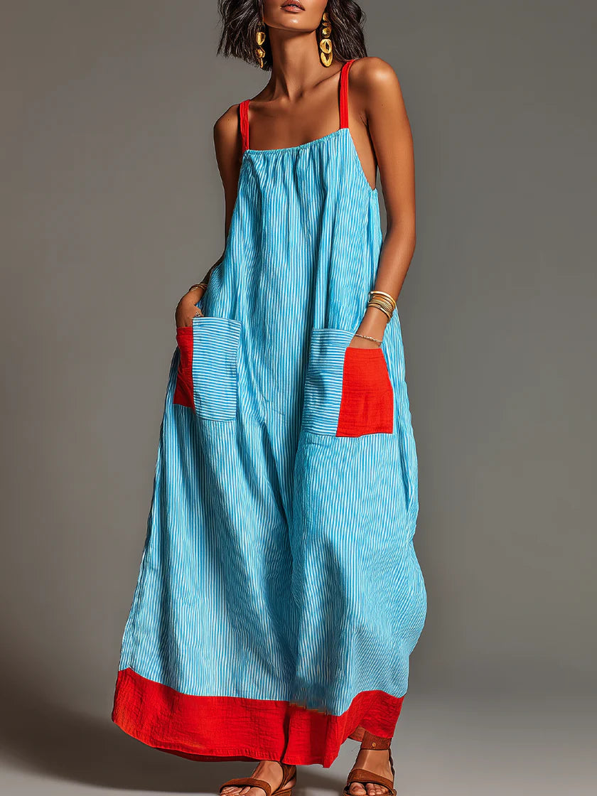 Sallina | Vestido Largo a Rayas Azules Con Ribetes en Contraste