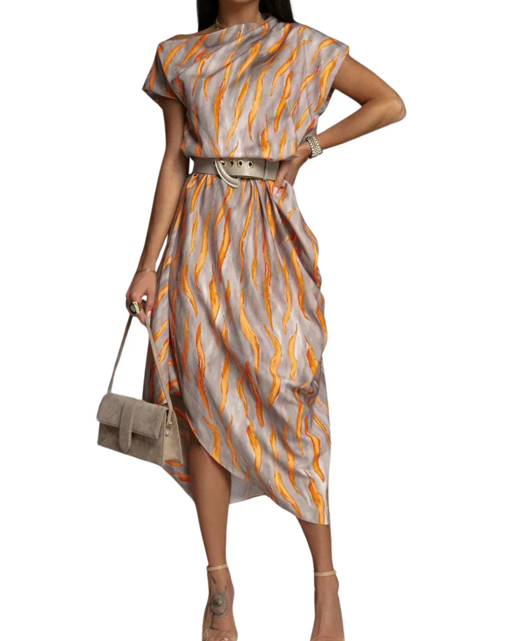 Angie - Vestido Midi Asimétrico Estampado Con Cinturón