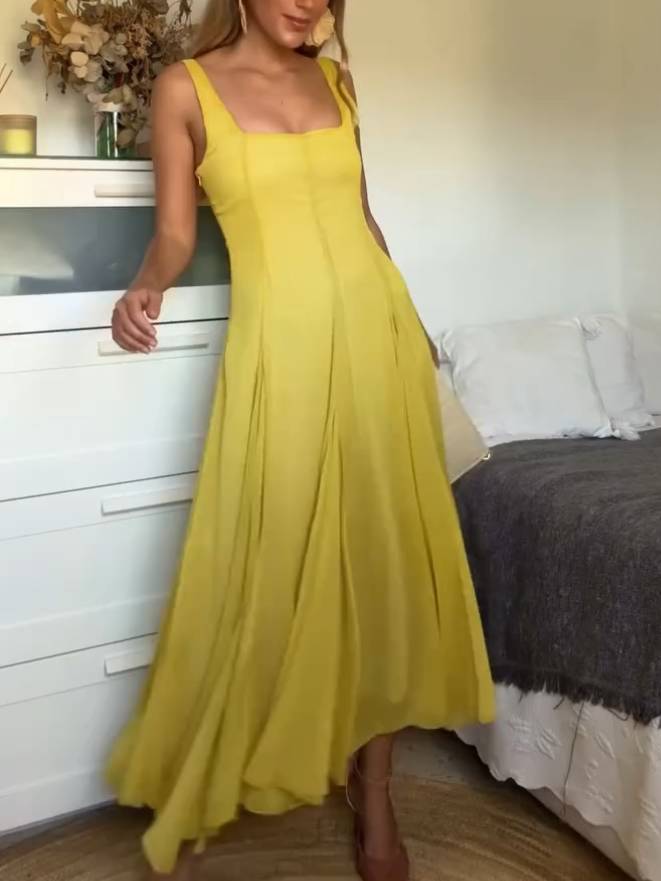 Solmaz | Vestido Largo Amarillo Con Escote Cuadrado y Tirantes
