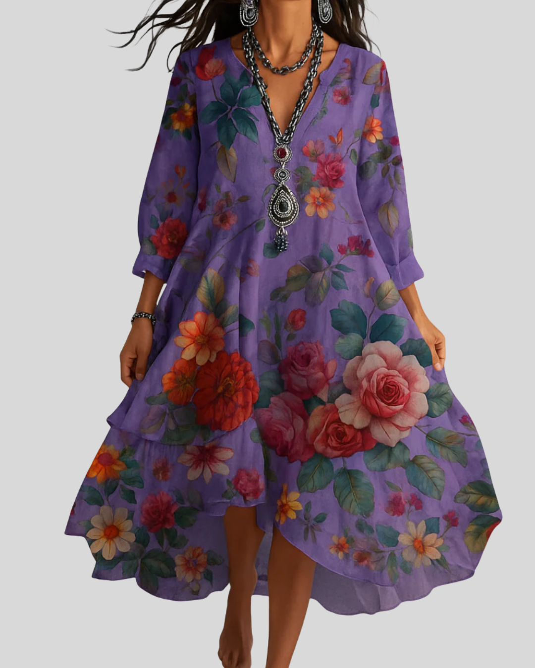 Debra | Vestido MIDI Asimétrico Con Cuello en V Y Estampado Floral