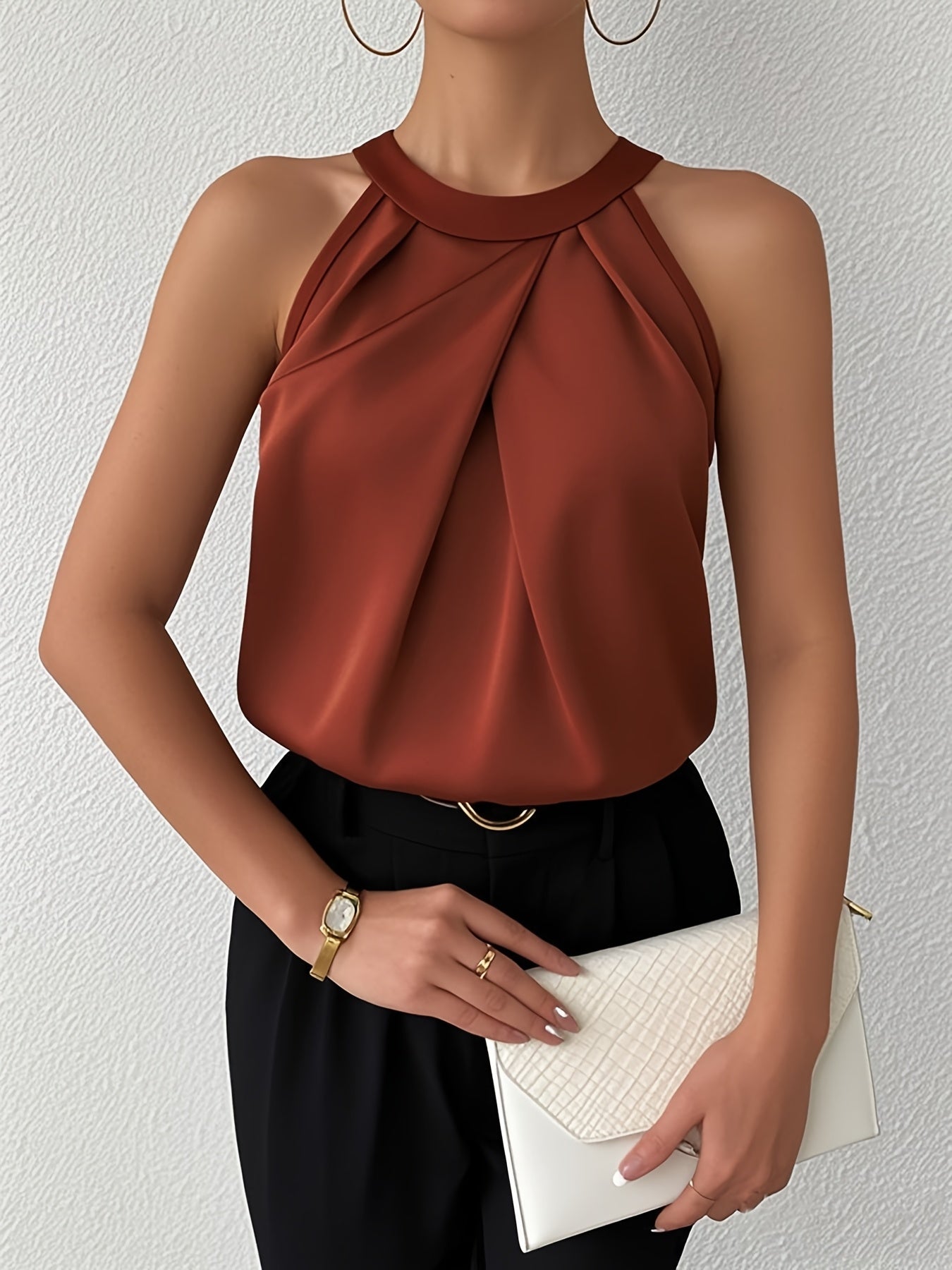 Cerys - Blusa Sin Mangas con Pliegues en la Parte Delantera y Cuello Halter