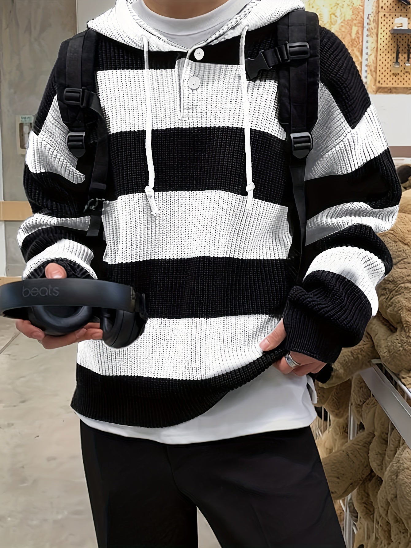 Tenzin | Sudadera Con Capucha Oversize de Punto a Rayas y Manga Larga