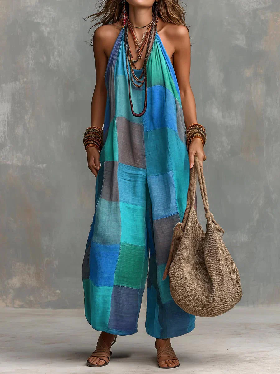 Meriny | Mono De Pierna Ancha Con Cuello Halter Y Estampado Patchwork