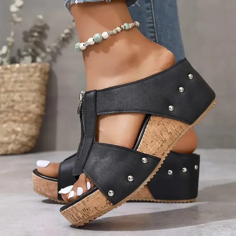Aurea | Sandalias Cuña Corcho Cremallera Frontal