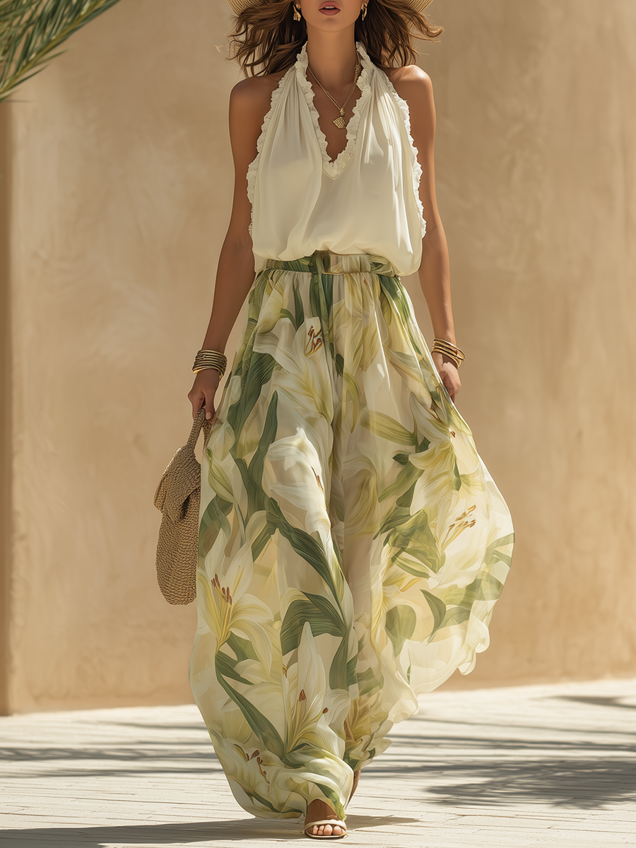 Mireella - Conjunto De Top Con Cuello Halter Y Estampado De Lirios Y Pantalones De Pierna Ancha