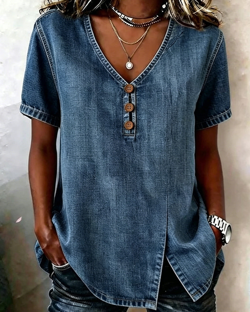 Lyjena - Blusa de Estilo Vaquero Con Cuello en V y Botones