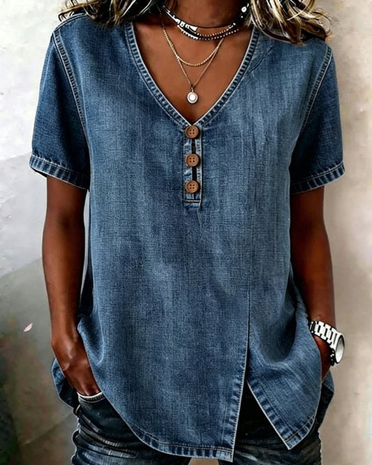 Lyjena - Blusa de Estilo Vaquero Con Cuello en V y Botones