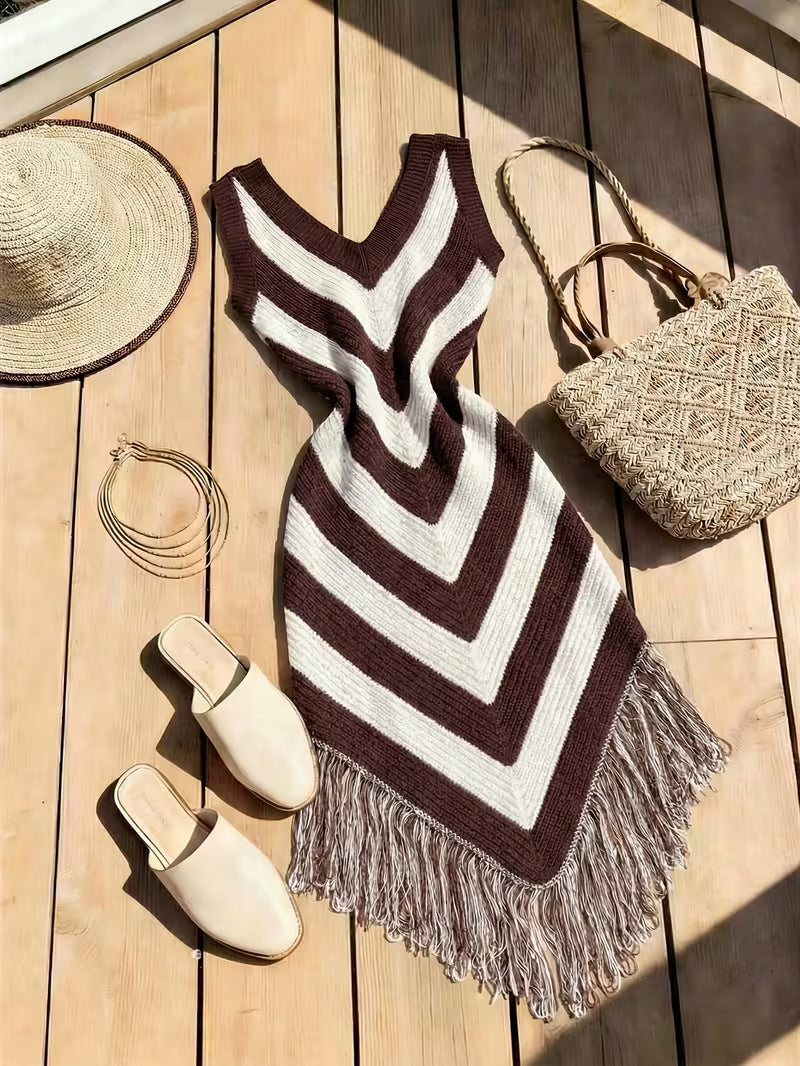 Foley |  Vestido MIDI Sin Mangas De Punto Con Cuello en V Y Estampado De Chevrón