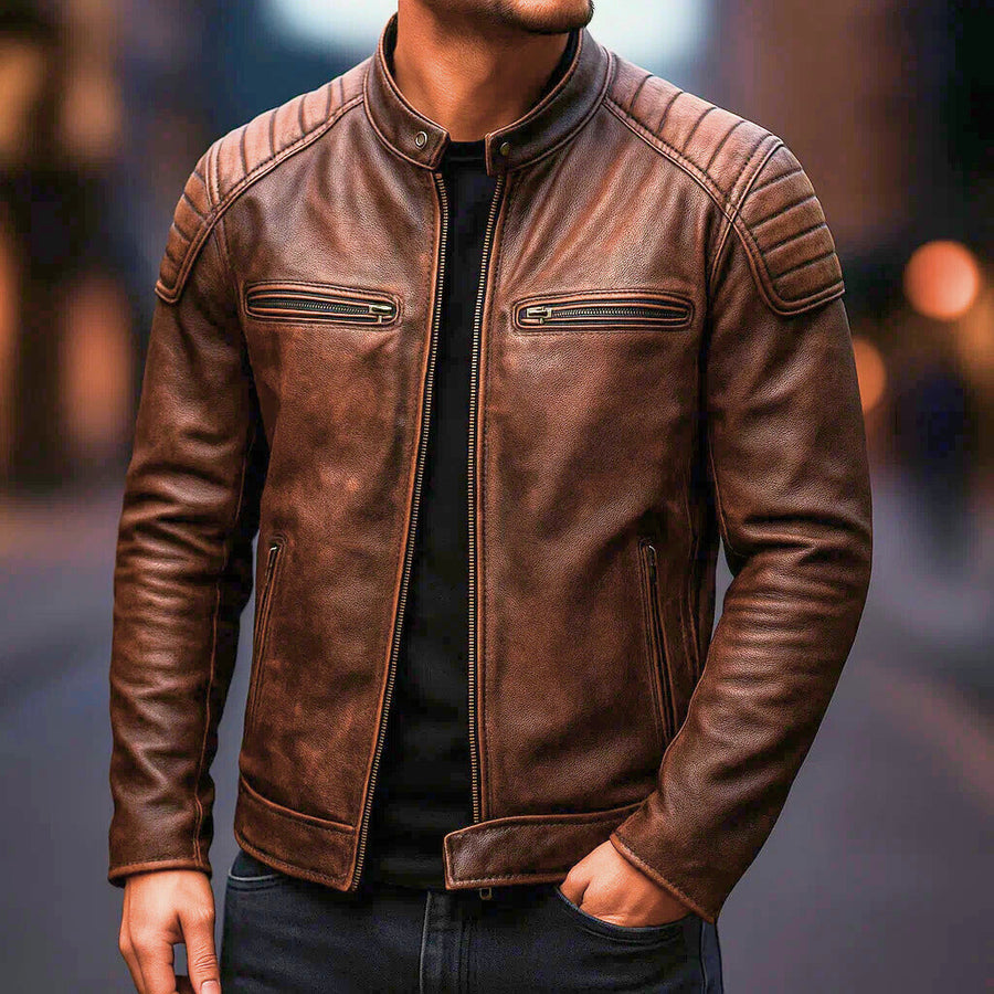 Samer | Chaqueta Moto Marrón Con Cremallera Hombre