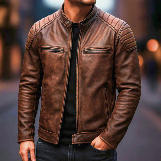 Samer | Chaqueta Moto Marrón Con Cremallera Hombre