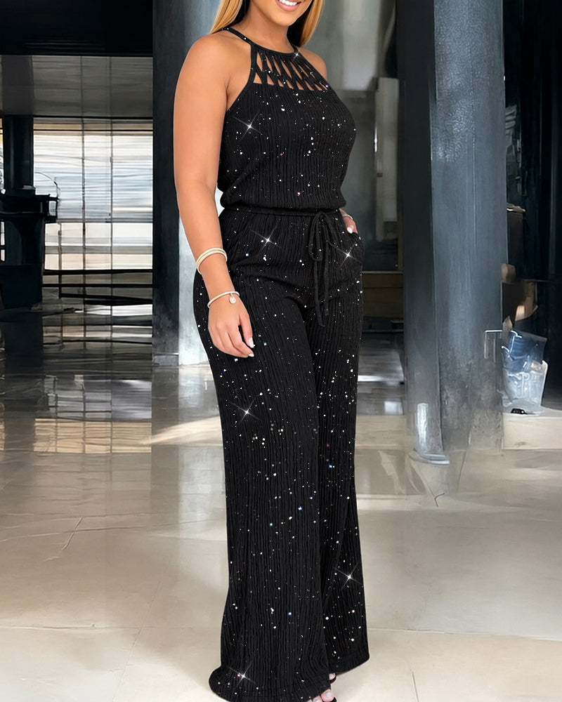 Kannika | Mono Con Cuello Halter Brillante y Silueta de Pierna Ancha