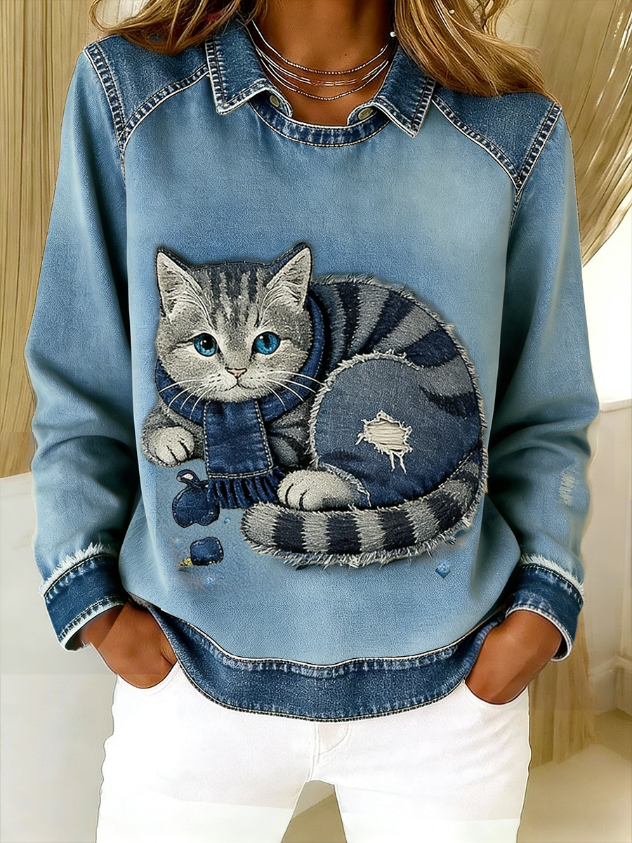 Eponin - Sudadera Con Parches de Denim y Estampado de Gatos