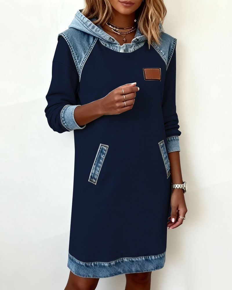 Viktoria - Vestido sudadera con capucha y ribetes de denim