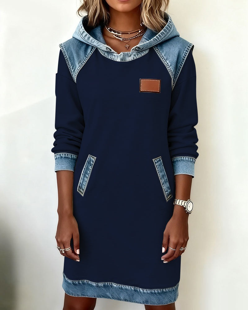 Viktoria - Vestido sudadera con capucha y ribetes de denim