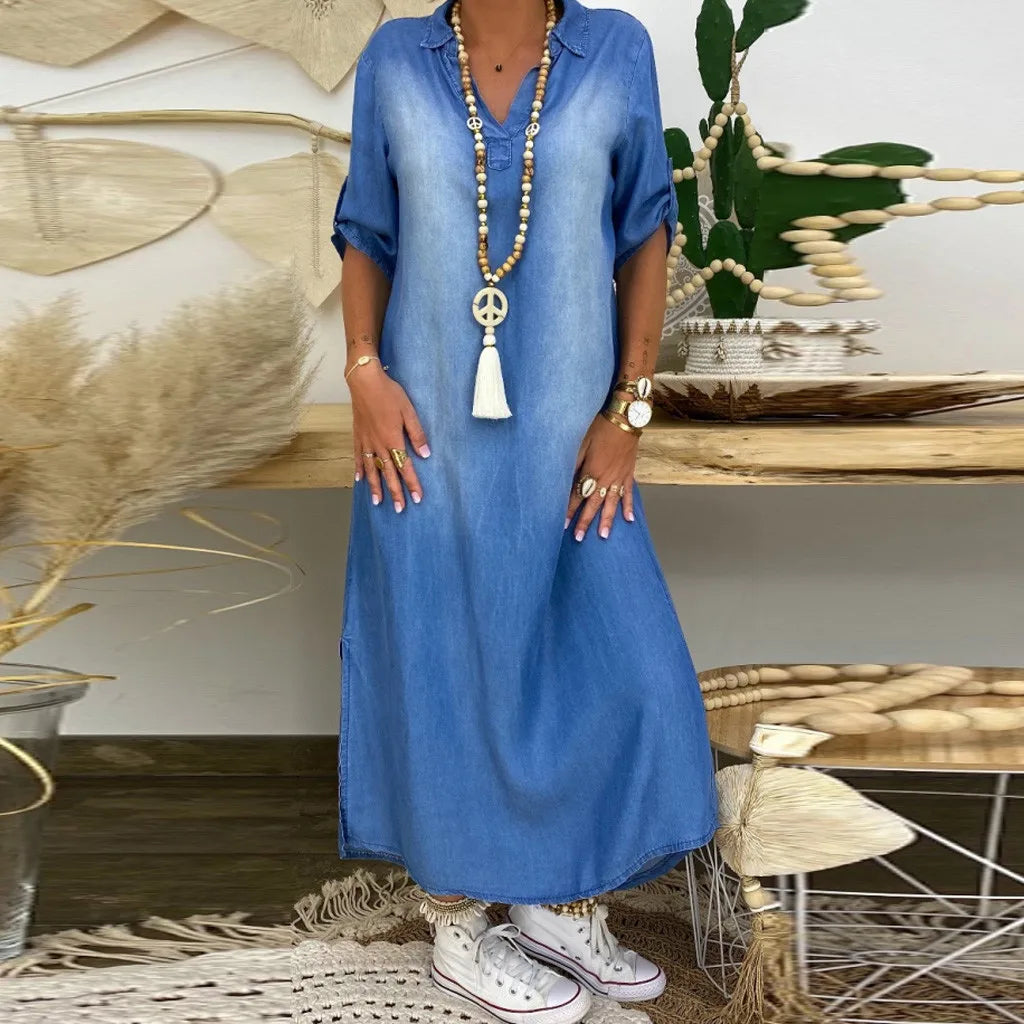 Korinna | Vestido Denim Holgado Abertura Lateral Mujer