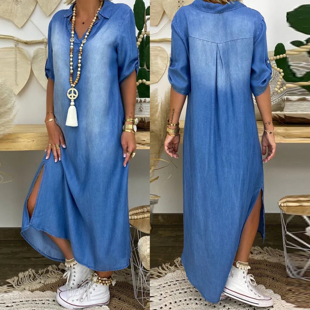 Korinna | Vestido Denim Holgado Abertura Lateral Mujer