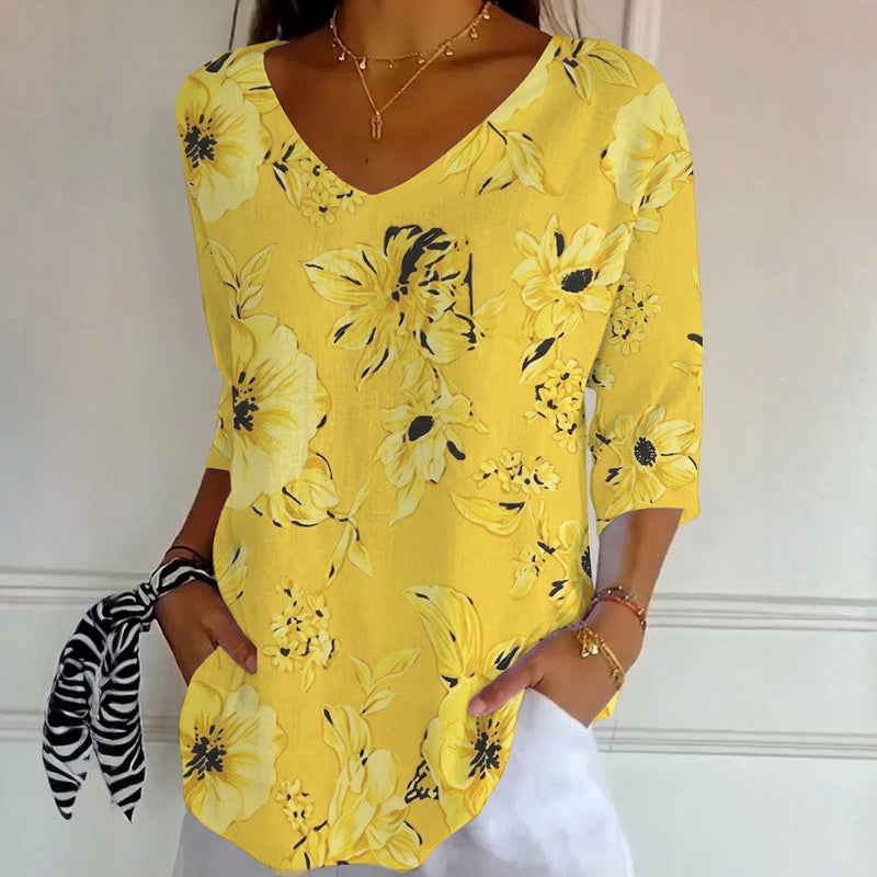 Shellen | Blusa floral con Cuello en V y Mangas tres Cuartos