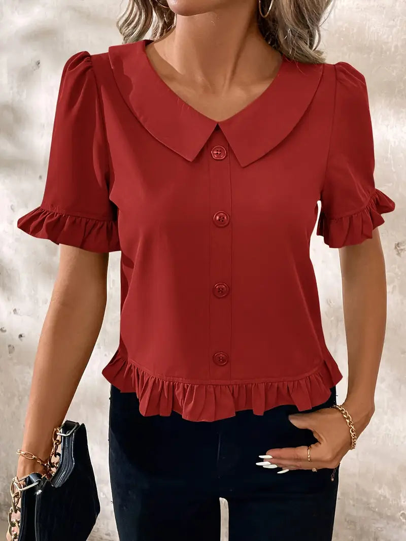 Foteini - Blusa de Manga Corta Con Cuello Peter Pan