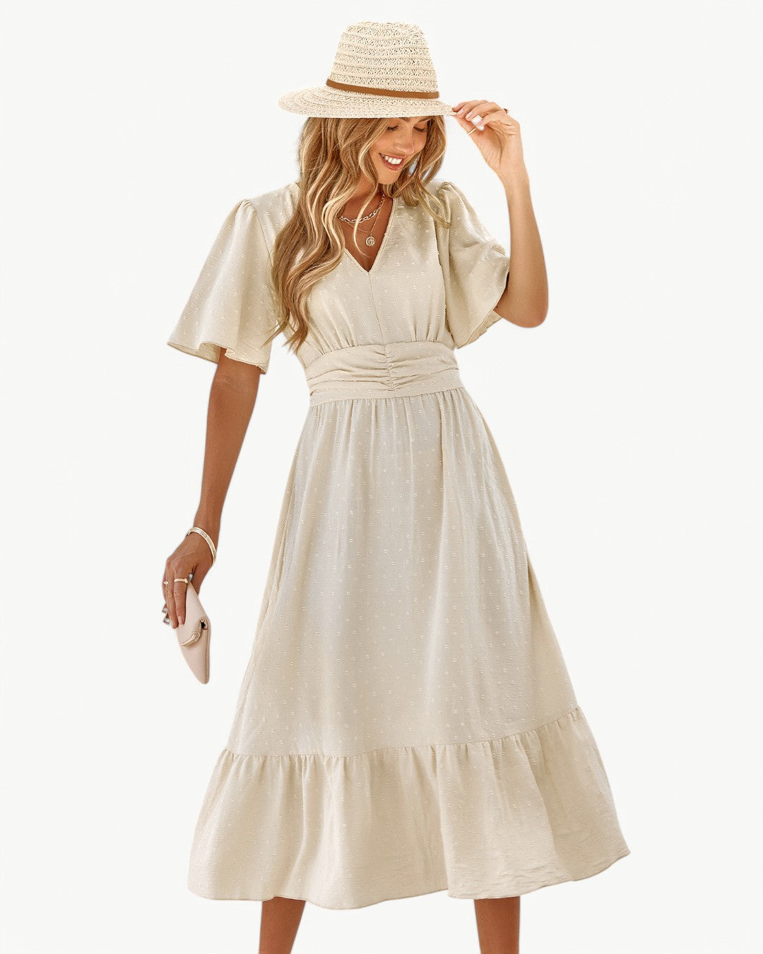 Marwa | Vestido Midi de Manga Corta y Cuello en V