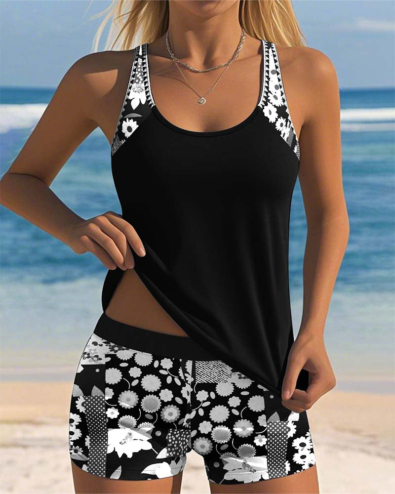 Nethmi - Conjunto de Baño Tankini con Pantalones Cortos y Estampado Floral