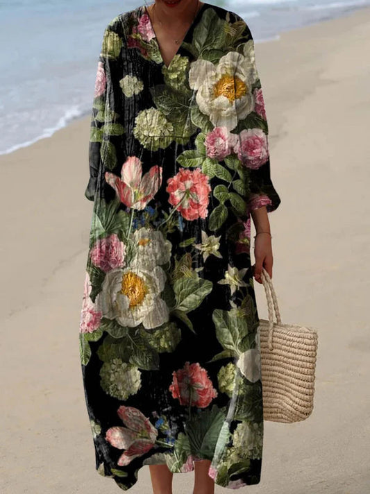 Zylina | Vestido Midi Con Cuello en V y Estampado Floral