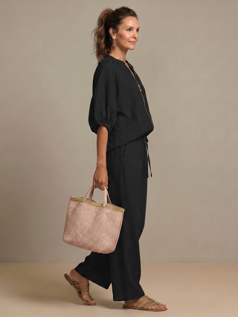 Sharina | Conjunto Blusa Cremallera Pantalón Ancho