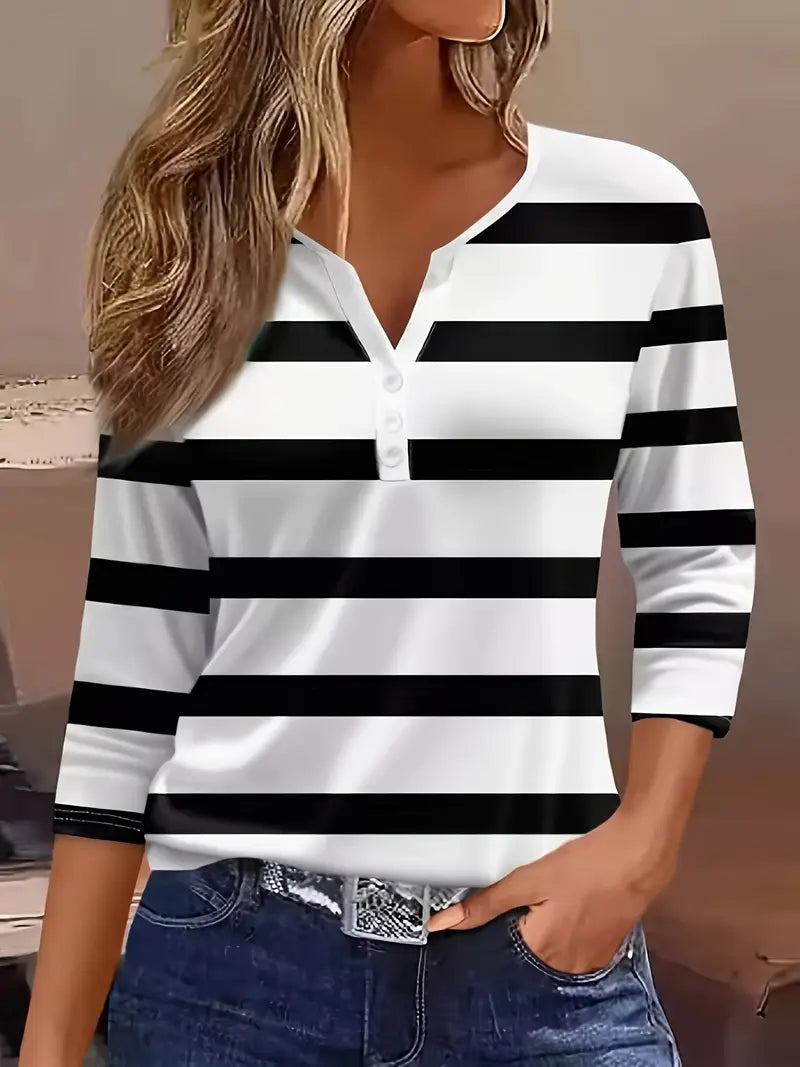 Dakota | Camiseta Henley a Rayas Con Mangas Tres Cuartos