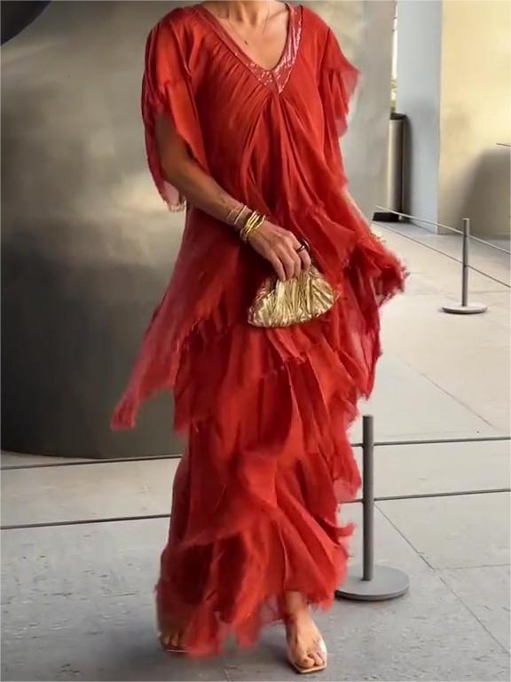 Carlijn - Vestido Largo con Volantes y Cuello en V, manga Corta