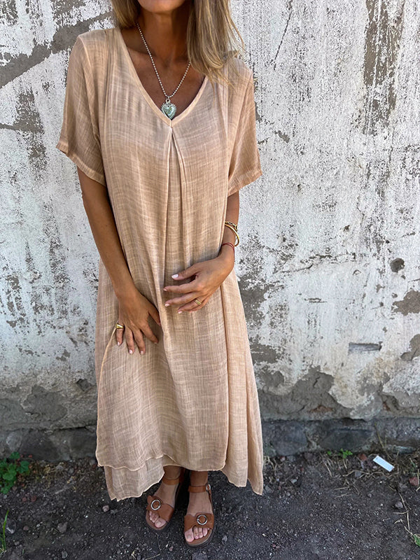 Lamis | Vestido Largo Con Cuello en V Y Manga Corta
