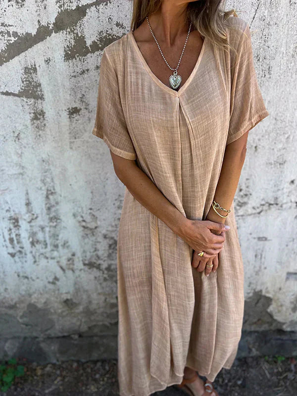Lamis | Vestido Largo Con Cuello en V Y Manga Corta