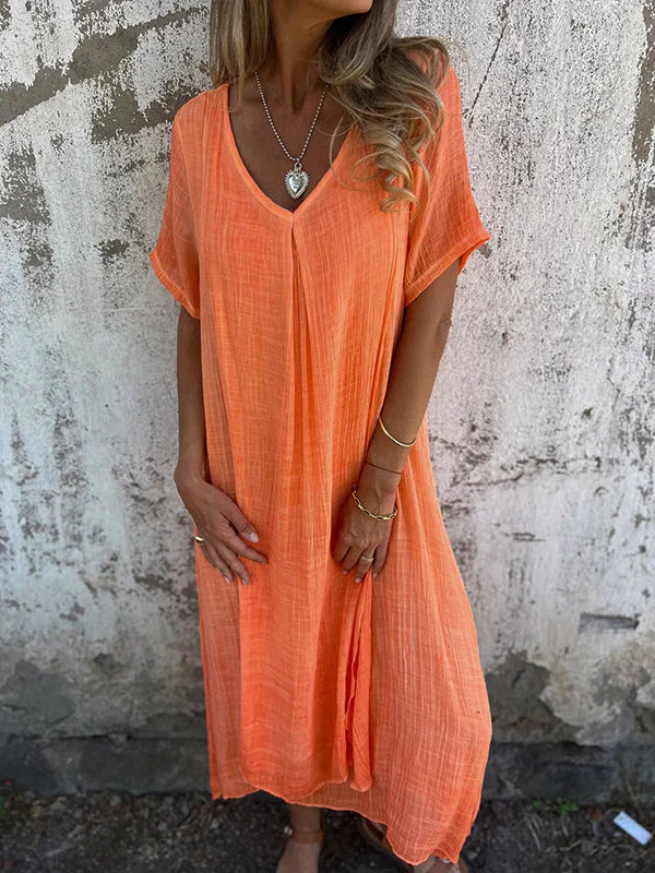 Lamis | Vestido Largo Con Cuello en V Y Manga Corta