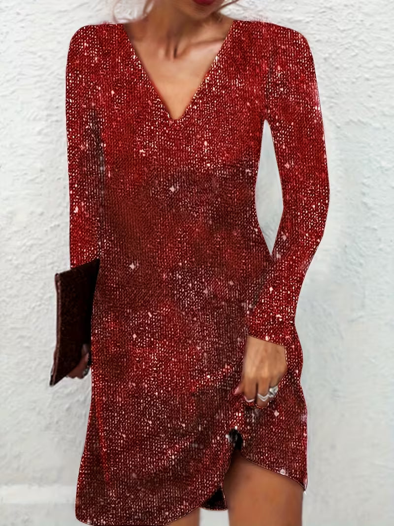 Eglantina | Vestido Lentejuelas Escote V Manga Larga