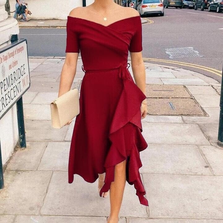 Valerie | Vestido Con Hombros Descubiertos, Volantes Y Bajo Cruzado