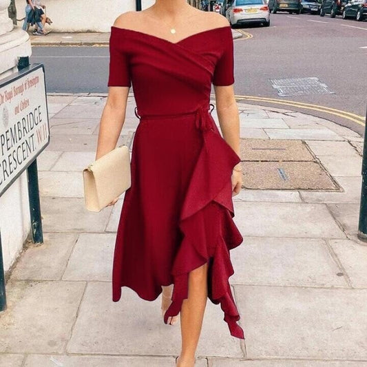 Valerie | Vestido Con Hombros Descubiertos, Volantes Y Bajo Cruzado
