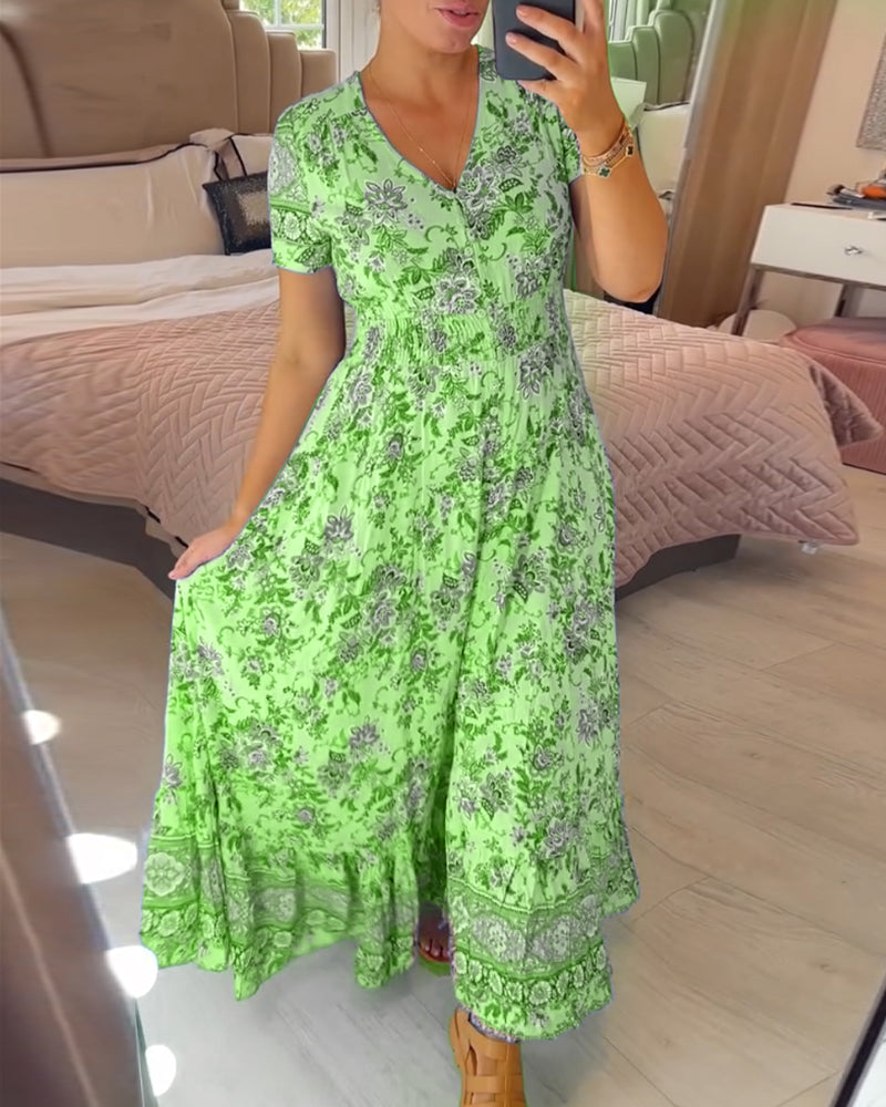 Wibia | Vestido Midi De Manga Corta Con Estampado Floral, Cuello en V Y Botones en La Parte Delantera