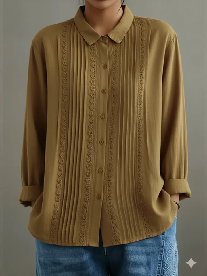 Tzurya | Blusa Abotonada de Manga Larga con Pliegues y Encaje