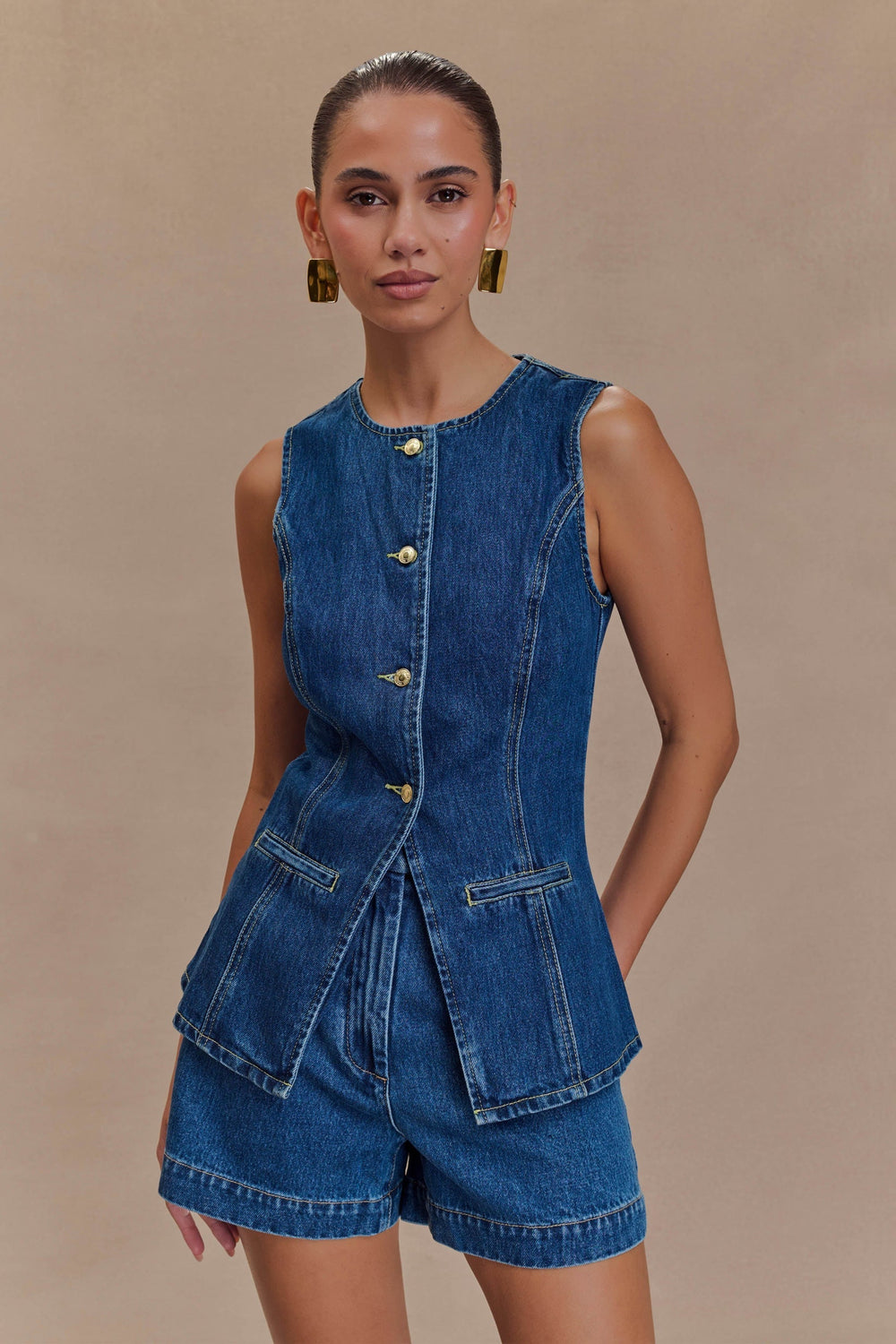 Vespera | Conjunto De Top Sin Mangas Con Peplum Y Pantalones Cortos De Denim