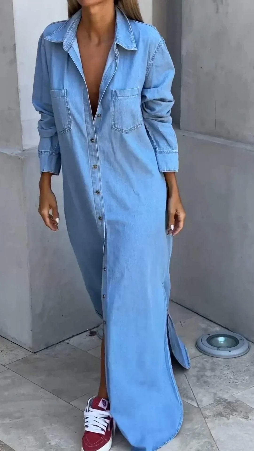 Vallina - Vestido Camisero Largo De Denim Con Cuello Y Botones en La Parte Delantera