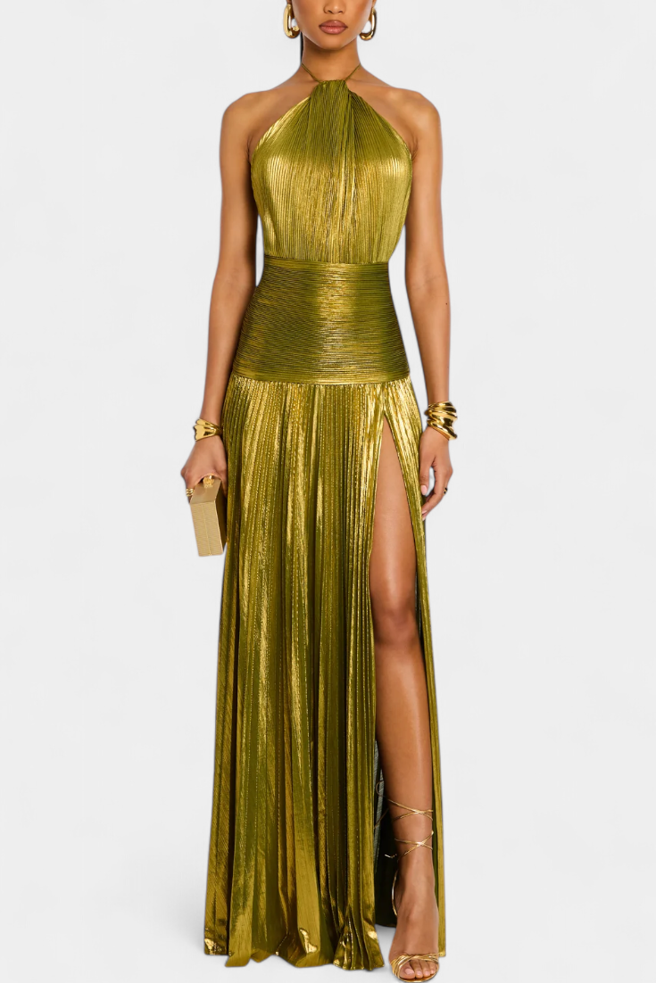 Kinia - Vestido Largo Metálico Con Peridoto