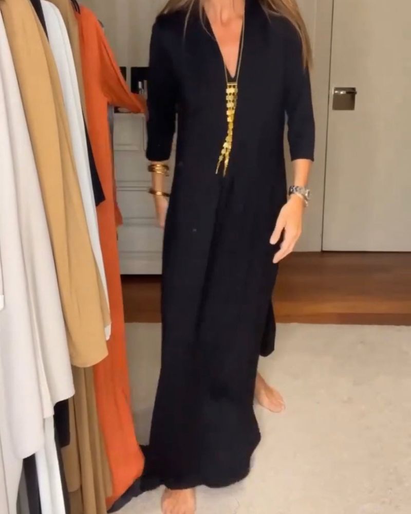 Deynia |  Vestido Maxi Cuello V Manga