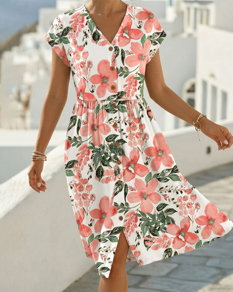Sinera - Vestido Midi Con Cuello en V y Estampado Floral