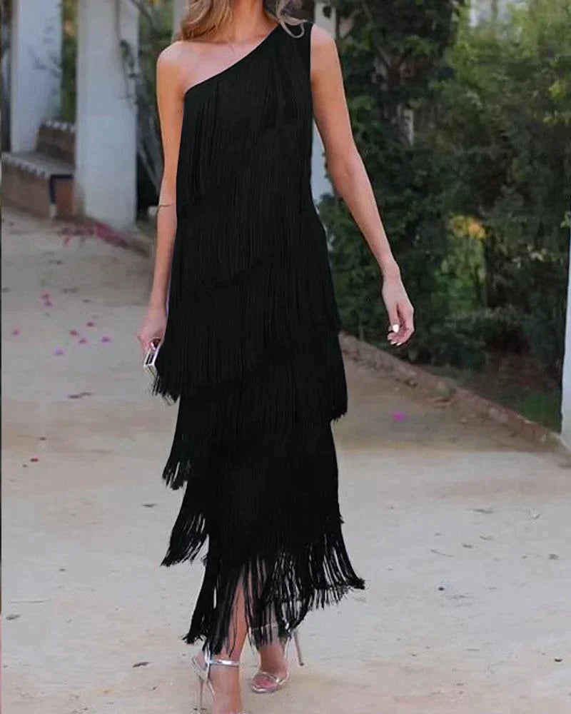 Tamira | Vestido midi con flecos y un solo hombro