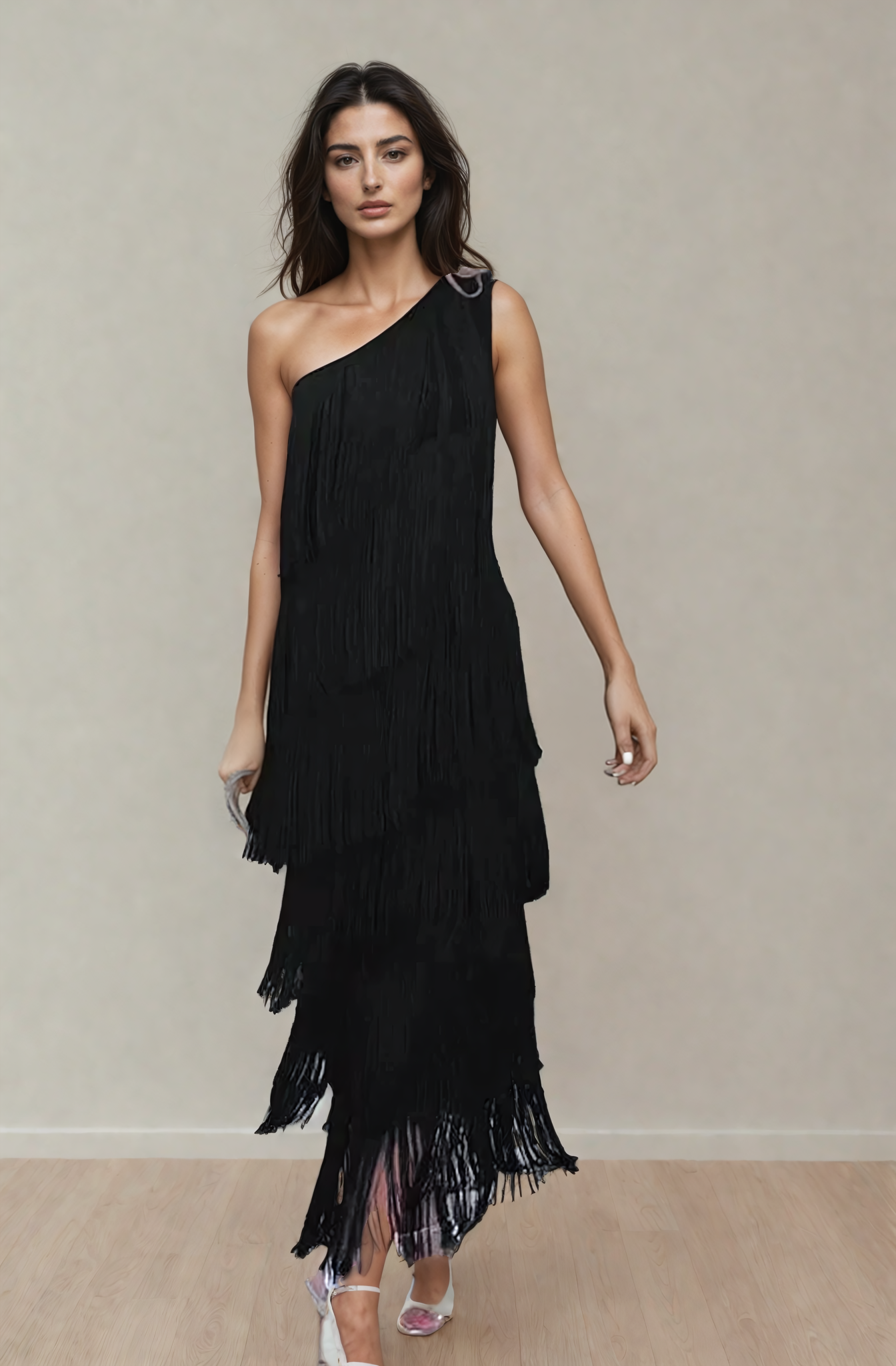Tamira | Vestido midi con flecos y un solo hombro