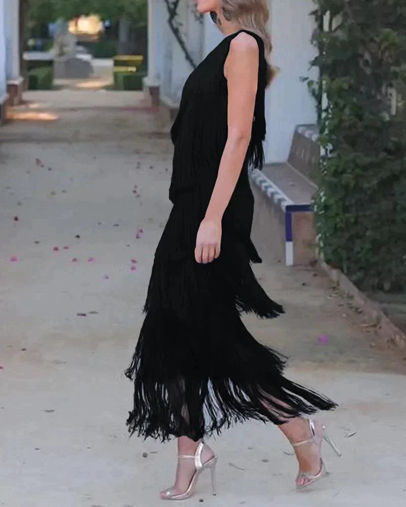 Tamira | Vestido midi con flecos y un solo hombro