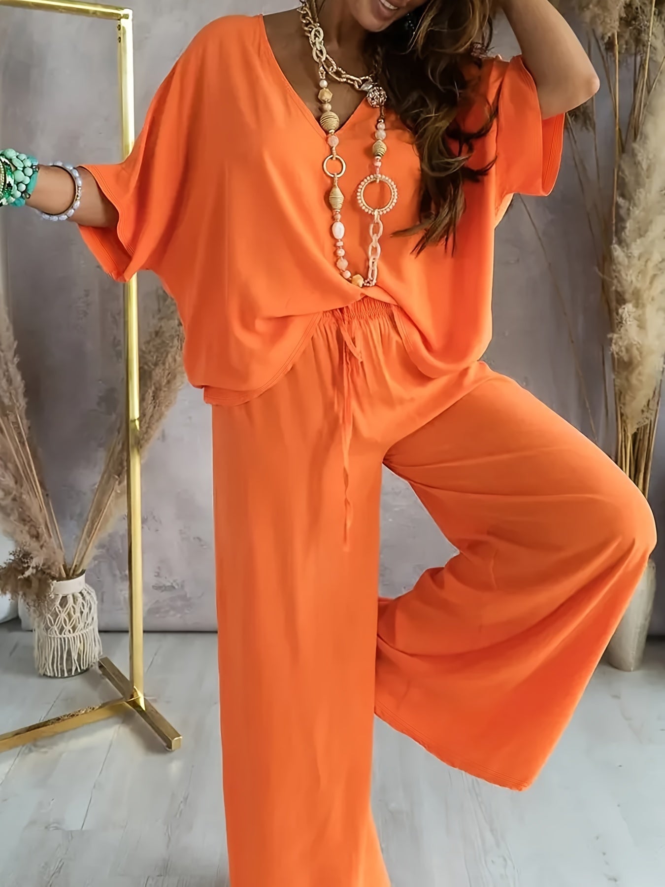 Essime | Conjunto De Dos Piezas Con Cuello en V Y Pantalones De Pierna Ancha