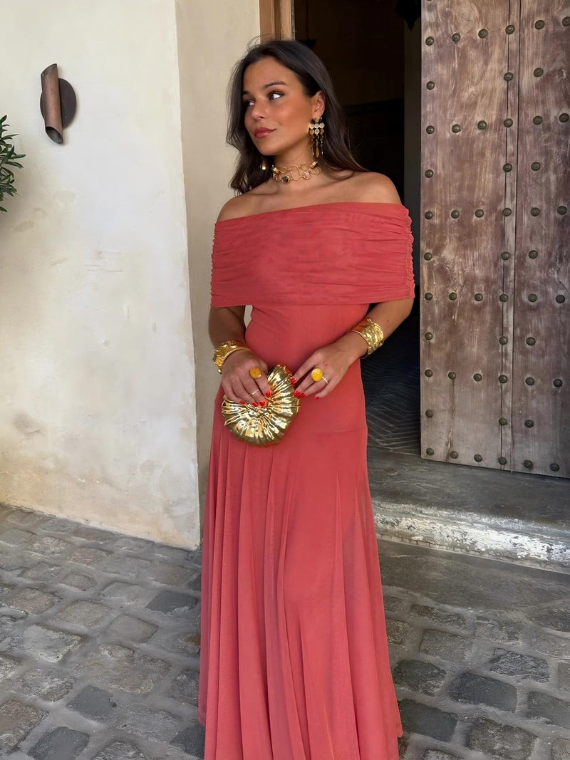 Dainia | Vestido largo con Hombros Descubiertos y bajo de Malla
