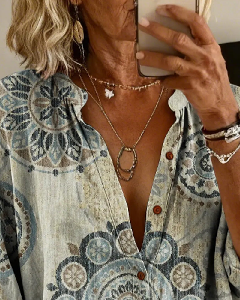 Nirita - Blusa de Manga Larga Con Estampado de Mandalas y Cierre Frontal Con Botones